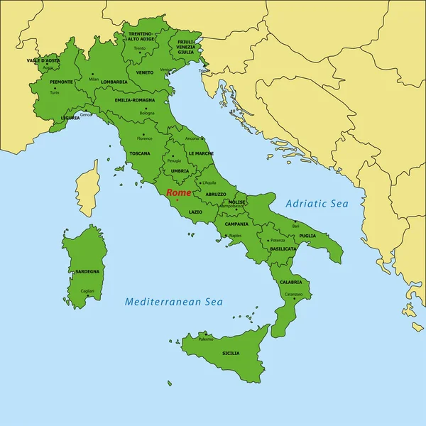 Karte von Italien mit Regionen und Hauptstädten — Stockvektor
