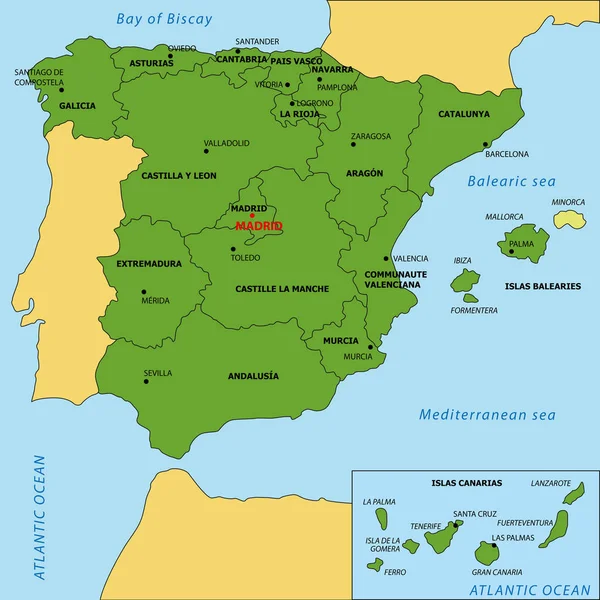 Mapa de España con las regiones y sus capitales — Vector de stock