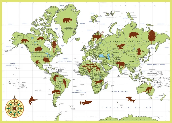 Részletes World Map-állatok — Stock Vector