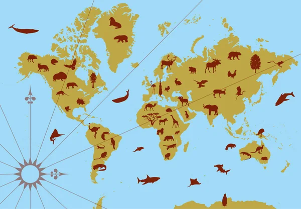 Mappa del contorno del mondo con animali — Vettoriale Stock