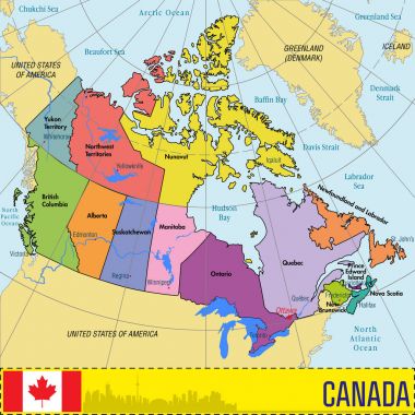Canada map with regions and their capitals clipart