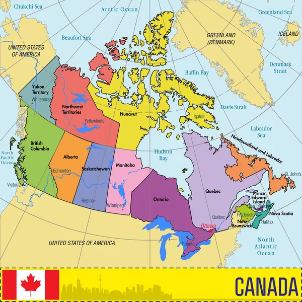 Mappa del Canada con le regioni e le loro capitali — Vettoriale Stock