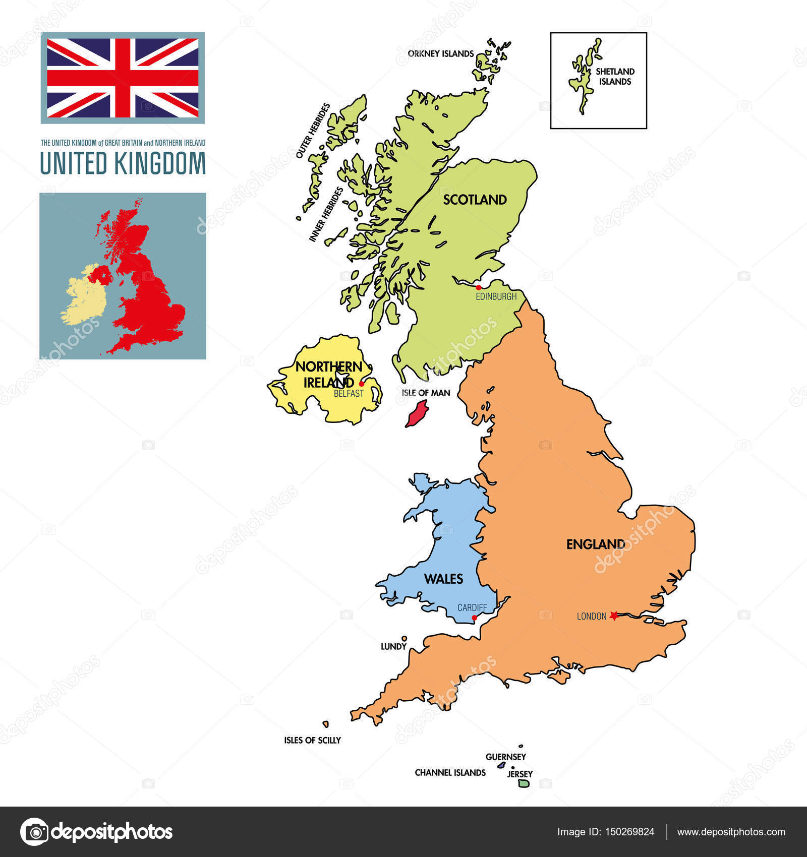 Mapa político do Reino Unido com regiões e suas capitais — Vetor de