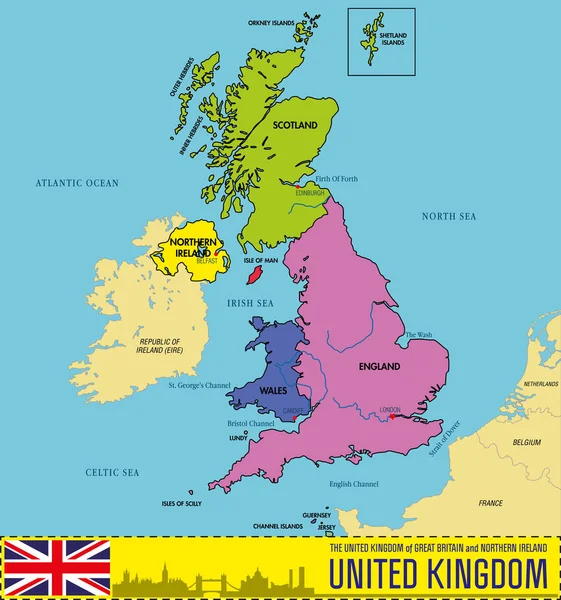 Mapa político de Reino Unido con regiones y sus capitales — Vector de stock