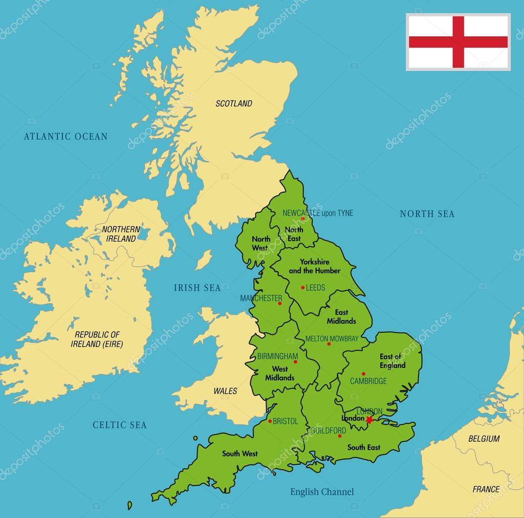 Carte politique de l’Angleterre avec les régions et leurs capitales