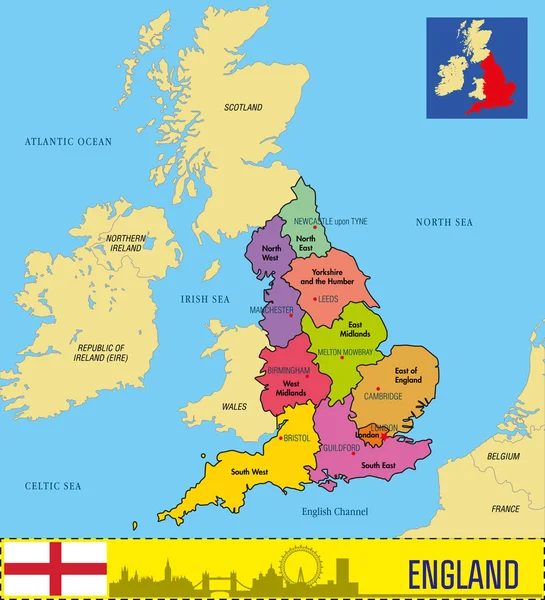 Politische Landkarte Englands mit Regionen und ihren Hauptstädten — Stockvektor