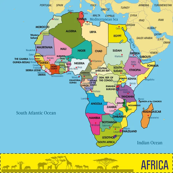 Karte Afrikas mit allen Ländern und ihren Hauptstädten — Stockvektor