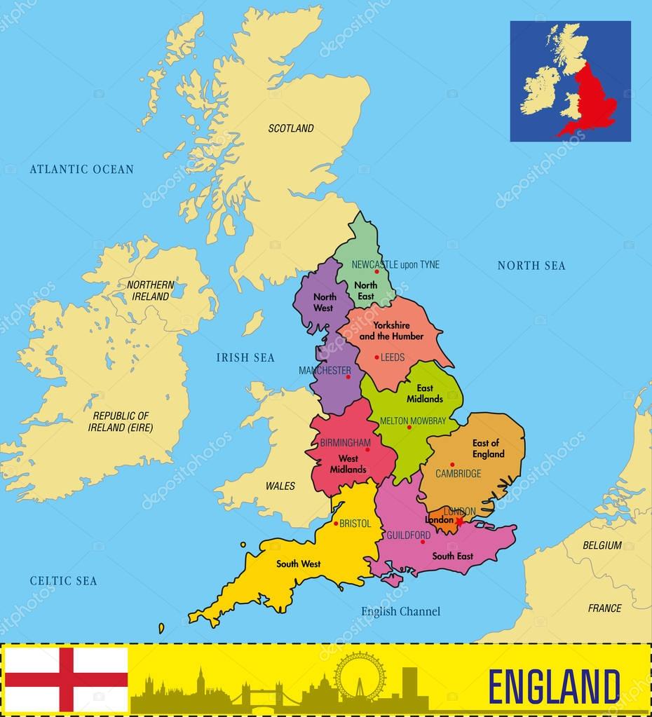 Mapa político da Inglaterra com regiões e suas capitais — Vetores de