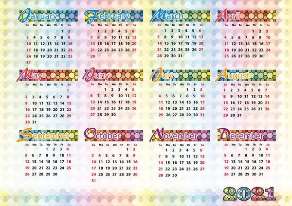 Semplice Colorato Calendario Vettoriale 2021 Anno Dimensione Versione Americana Eps — Vettoriale Stock