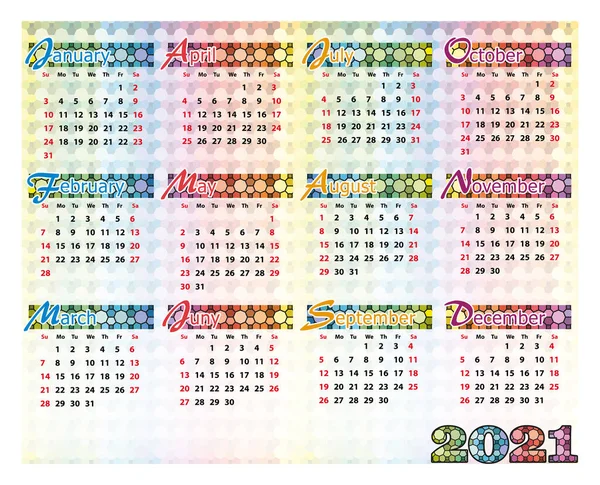 Semplice Colorato Calendario Vettoriale 2021 Anno Versione Americana Eps — Vettoriale Stock