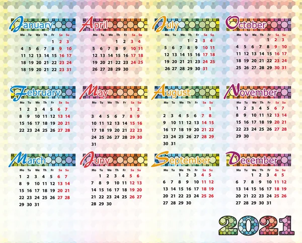 Calendrier Vectoriel Coloré Simple 2021 Année Spe — Image vectorielle