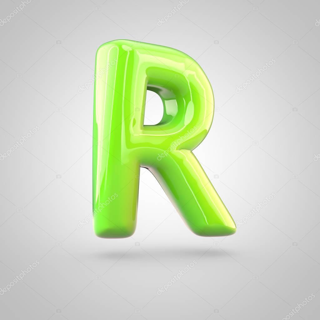 Glossy lime paint alphabet letter R uppercase. 3D render of bubble twisted font with glint and ring light reflections isolated on white background.