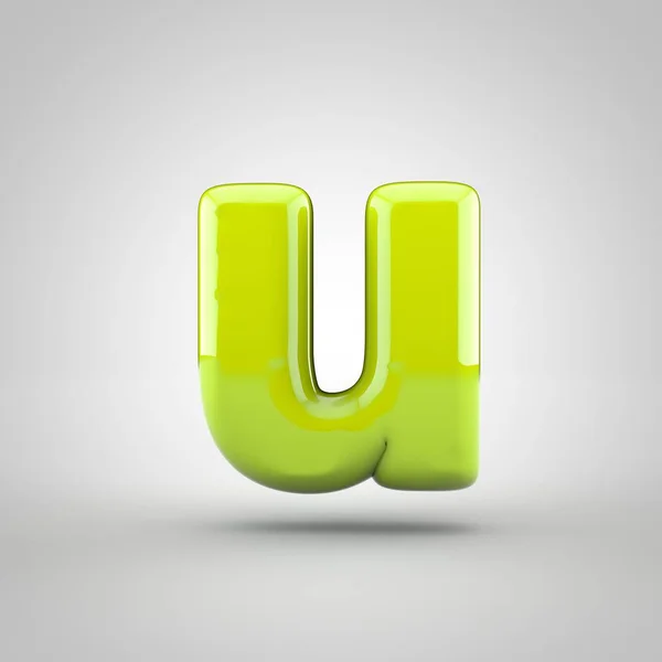 Glossy lime paint letter U lowercase isolated on white background — Stock Photo, Image