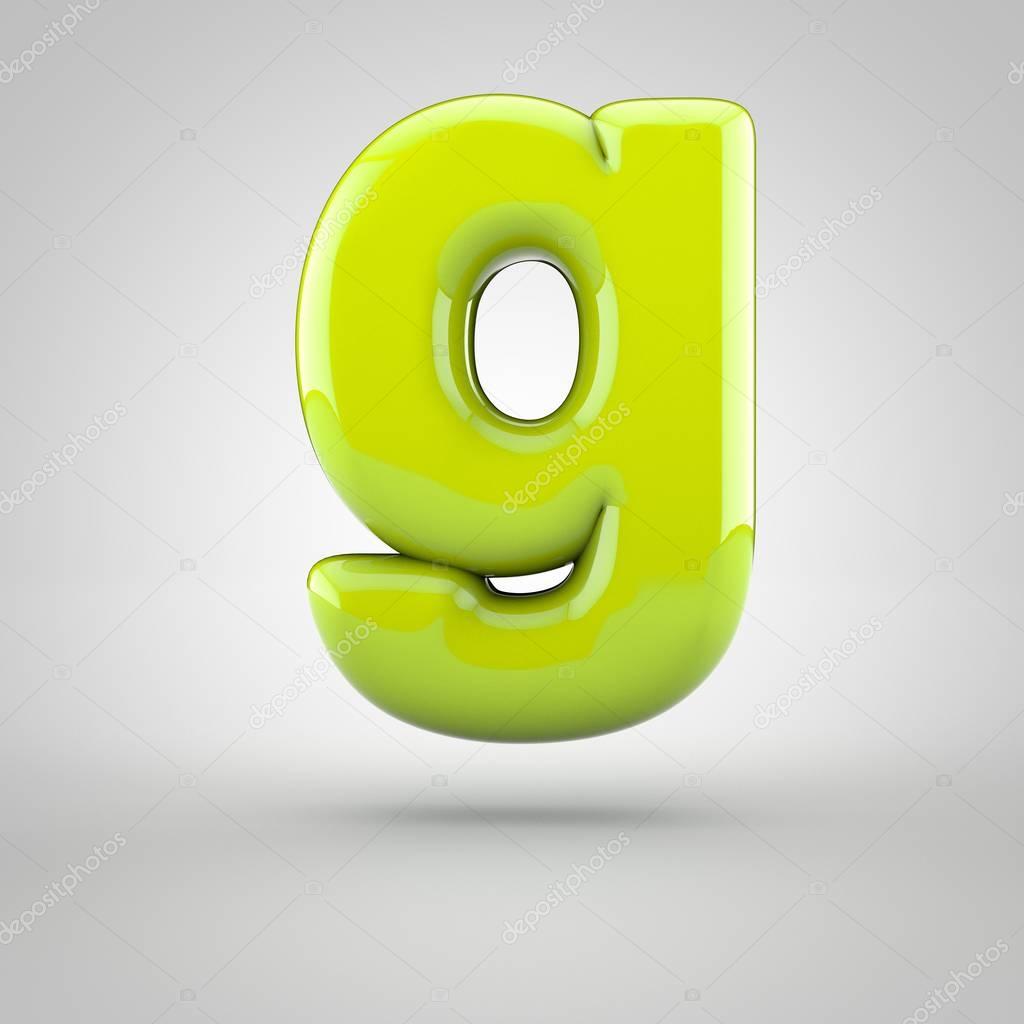 Glossy lime paint letter G lowercase isolated on white background