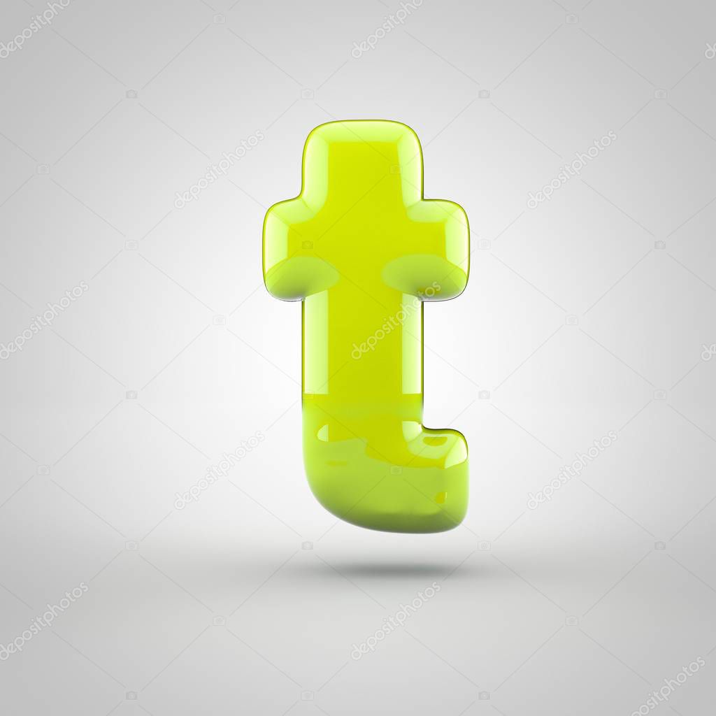 Glossy lime paint letter T lowercase isolated on white background
