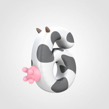 yazı üzerine açık gri renkli, 6 numaralı benekli inek desen hayvansı 3d tasarım