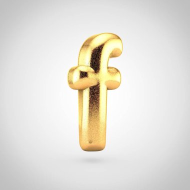 3D render parıltı beyaz arka planda, balon tasarım küçük harf F ile parlak altın metalik yazı tipi