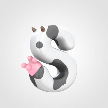alfabe yazı tipiyle inek meme, hayvansı 3d tasarım benekli sığır desen büyük harf S