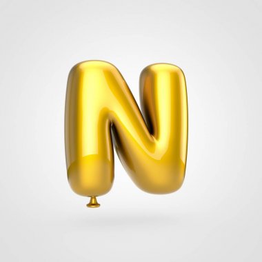 Beyaz arka planda, balon tasarım büyük harf N ışıltı ile parlak altın şişirilmiş yazı tipi 3D render