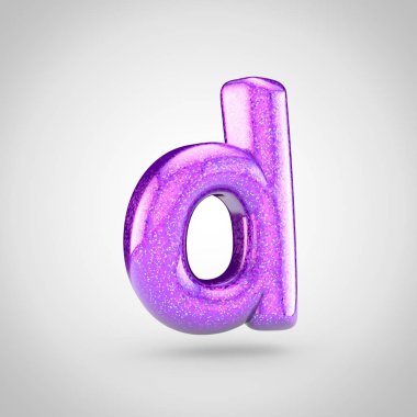 3D render Menekşe fontla parlak parıltı beyaz arka planda, ışıltılı küçük harf D