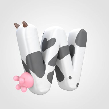 inek meme, büyük harf W benekli sığır desen ile alfabe yazı tipinin hayvansı 3d tasarım