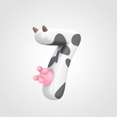 yazı üzerine açık gri renkli, 7 numaralı benekli inek desen hayvansı 3d tasarım