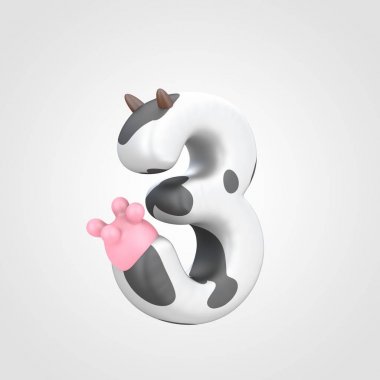 Hayvansı 3d tasarım üzerine açık gri renkli yazı tipi, sayısı 3 benekli inek desen