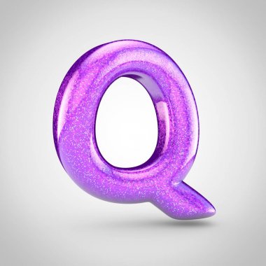 büyük harf Q ışıltılı parlak mor yazı tipi beyaz arka planda, ışıltı ile 3D render