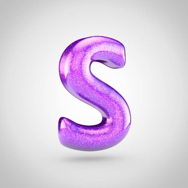 Büyük Harf S ışıltılı parlak mor yazı tipi beyaz arka planda, ışıltı ile 3D render