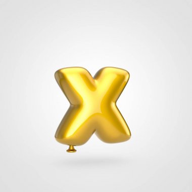 Beyaz arka planda, balon tasarım küçük harf X ışıltı ile parlak altın şişirilmiş yazı tipi 3D render