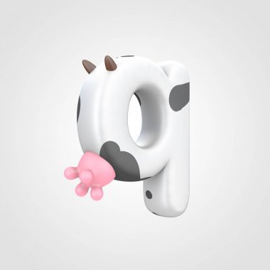 alfabe yazı tipiyle inek meme, hayvansı 3d tasarım benekli sığır desen küçük harf Q