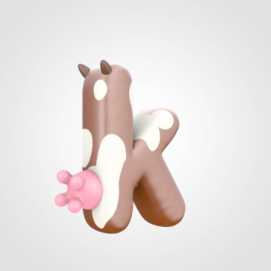 alfabe yazı tipiyle inek meme, hayvansı 3d tasarım benekli sığır desen küçük harf K