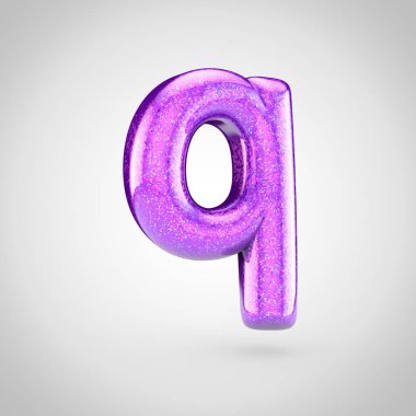 3D render Menekşe fontla parlak parıltı beyaz arka planda, ışıltılı küçük harf Q