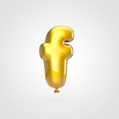 3D render parıltı beyaz arka planda, balon tasarım küçük harf F ile parlak altın şişirilmiş yazı tipi