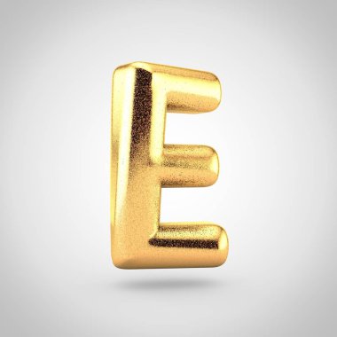 Beyaz arka planda, balon tasarım büyük harf E ışıltı ile parlak altın metalik yazı tipi 3D render