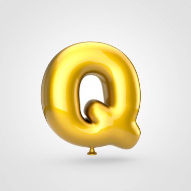 3D render parıltı beyaz arka planda, balon tasarım büyük harf Q ile parlak altın şişirilmiş yazı tipi