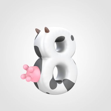 Hayvansı 3d tasarım yazı tipi üzerine açık gri renkli, benekli inek deseni sayısı 8