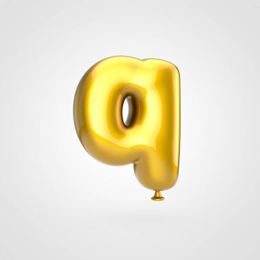 3D render parıltı beyaz arka planda, balon tasarım küçük harf Q ile parlak altın şişirilmiş yazı tipi