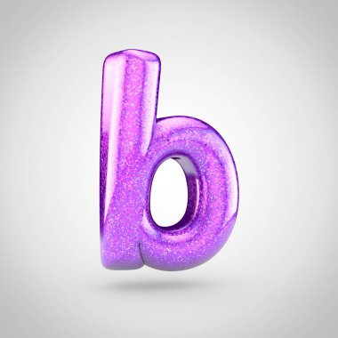 3D render Menekşe fontla parlak parıltı beyaz arka planda, ışıltılı küçük harf B