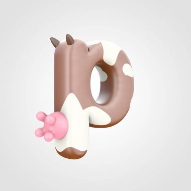 alfabe yazı tipiyle inek meme, hayvansı 3d tasarım benekli sığır desen küçük harf P