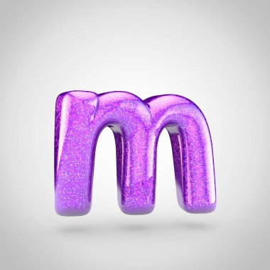 3D render Menekşe fontla parlak parıltı beyaz arka planda, ışıltılı küçük harf M