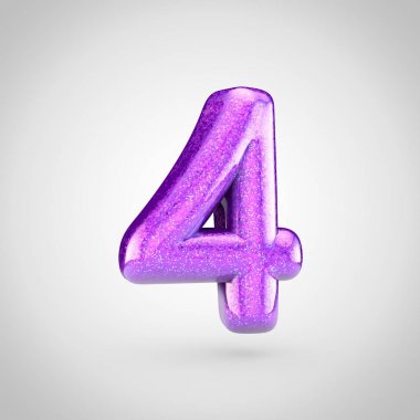 Beyaz arka planda, ışıltılı sayı 4 3d render parlak mor yazı tipi tasarım
