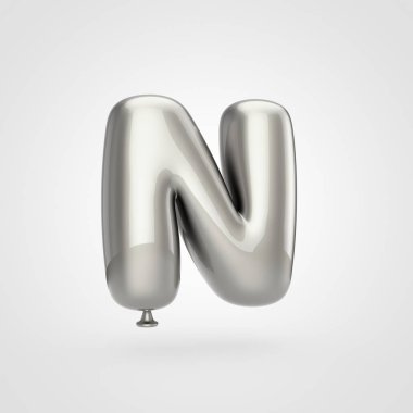 Beyaz arka planda, balon tasarım büyük harf N ışıltı ile parlak gümüş şişirilmiş yazı tipi 3D render