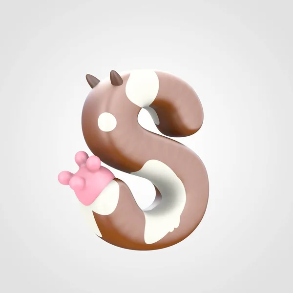 animalistic 3d design of alphabet font with cow udder, spotted bovine pattern on uppercase letter S