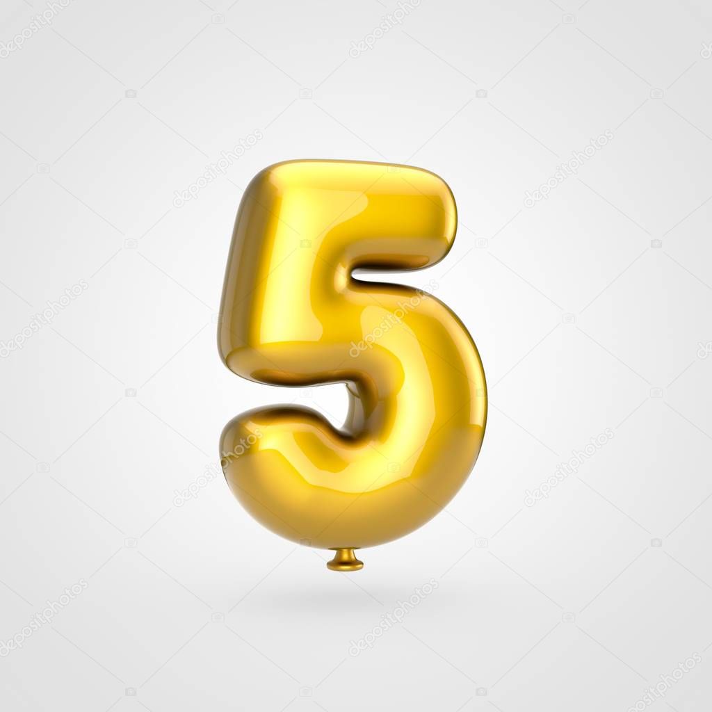 3d render of glossy golden inflated font with glint on white background, balloon design number 5