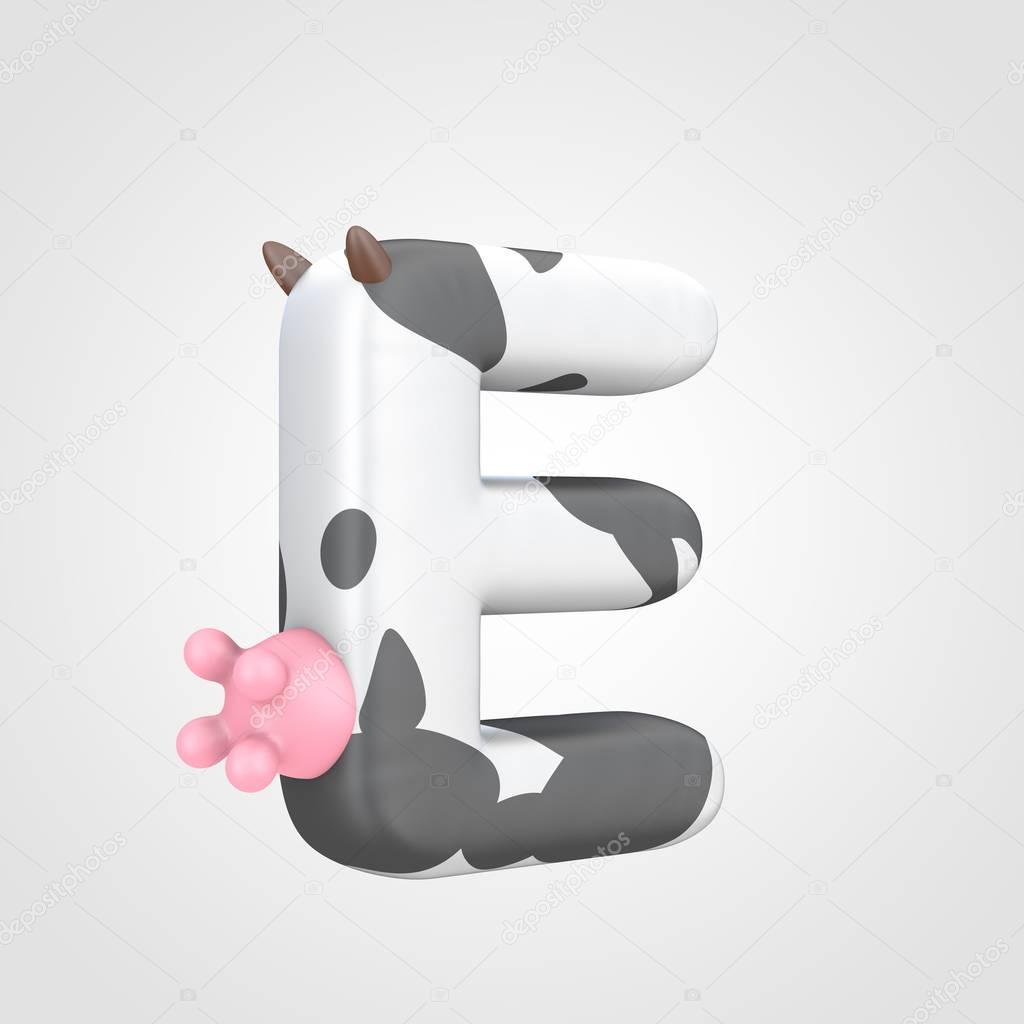 animalistic 3d design of alphabet font with cow udder, spotted bovine pattern on uppercase letter E