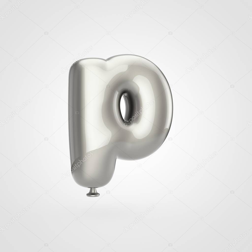 3d render of glossy silver inflated font with glint on white background, balloon design lowercase letter P