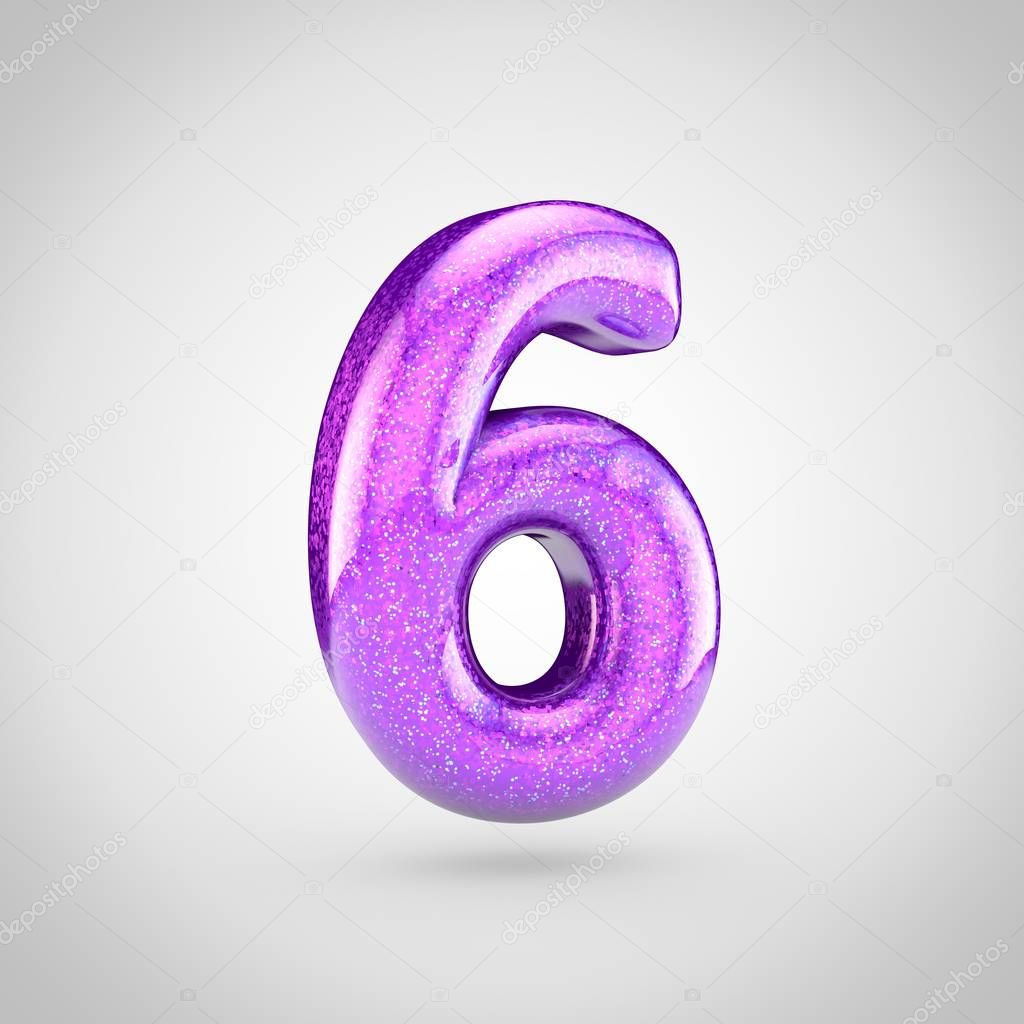 glossy violet font design on white background, 3d render of glittering number 6