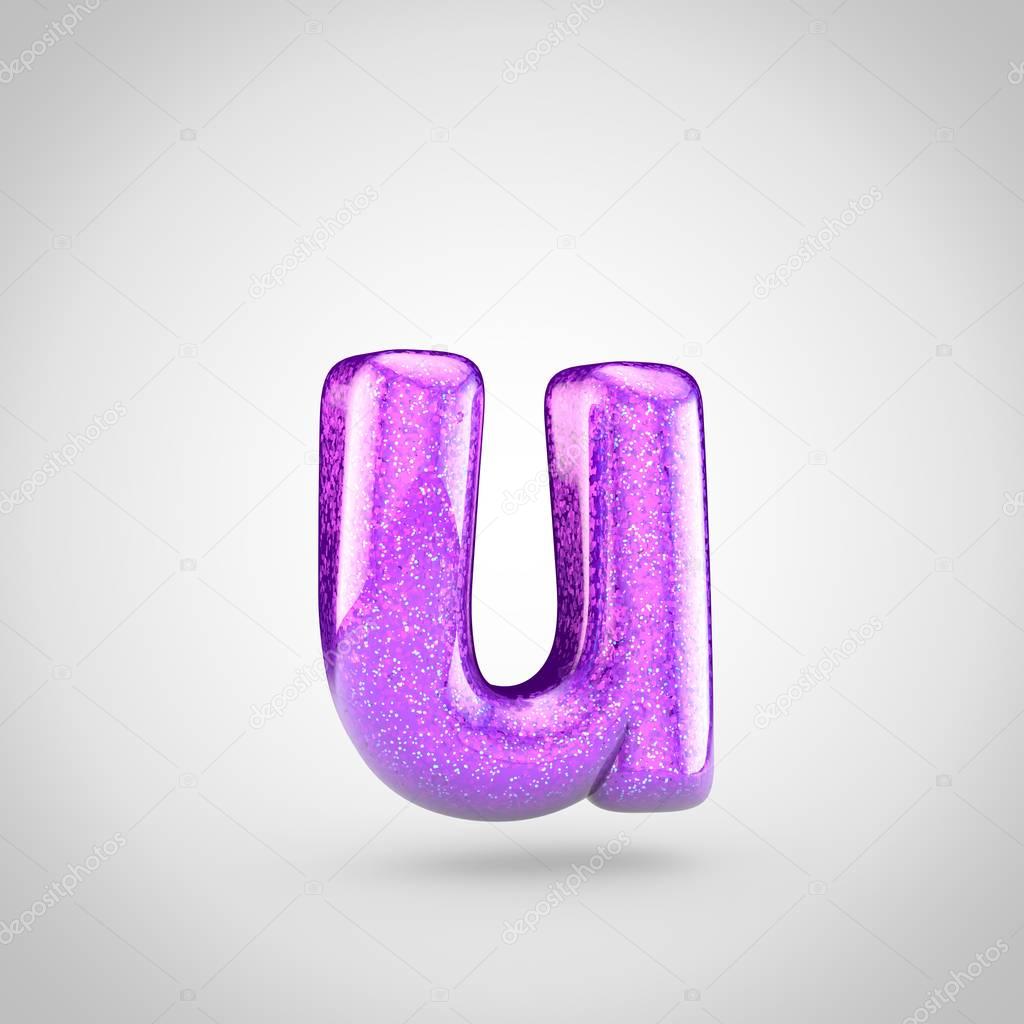 3d render of glossy violet font with glint on white background, glittering lowercase letter U