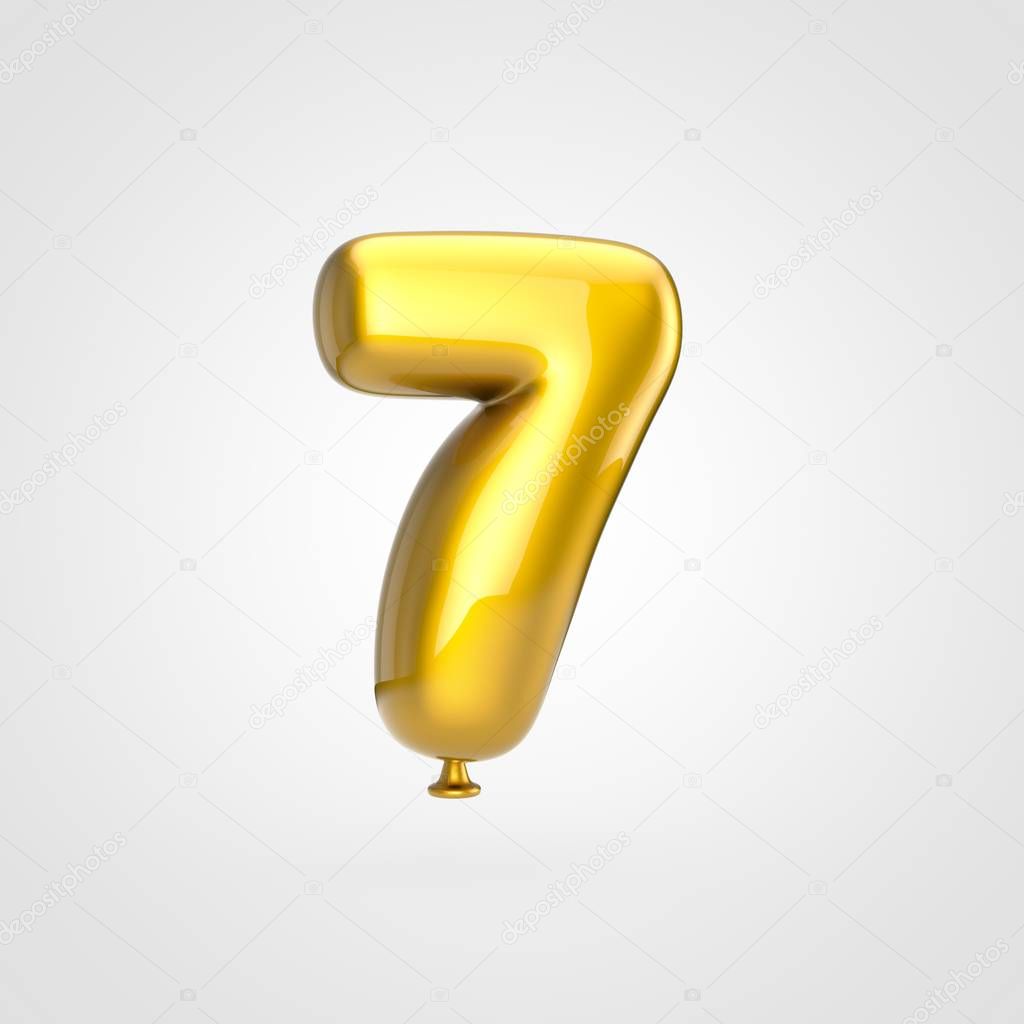 3d render of glossy golden inflated font with glint on white background, balloon design number 7
